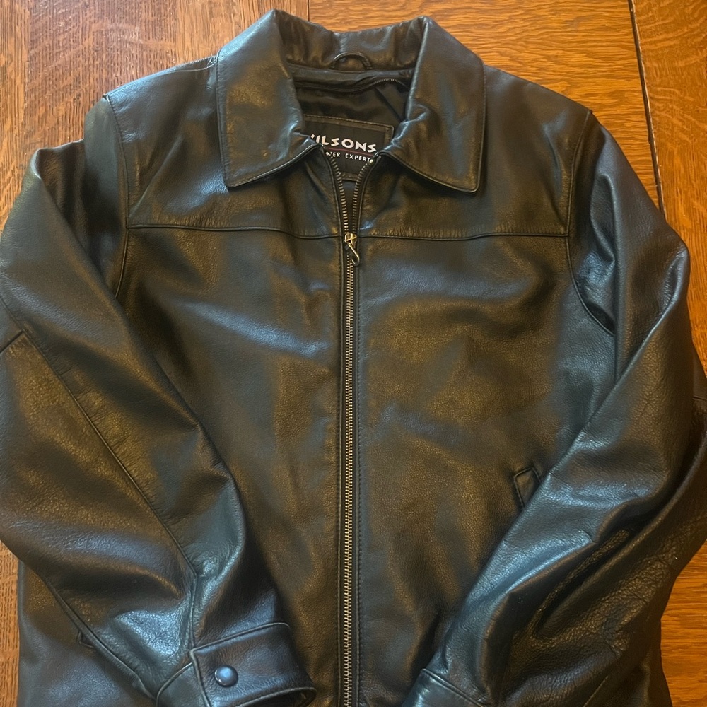 WILSON 100% Leather Collared Jacket Black Size S Zippered Closure